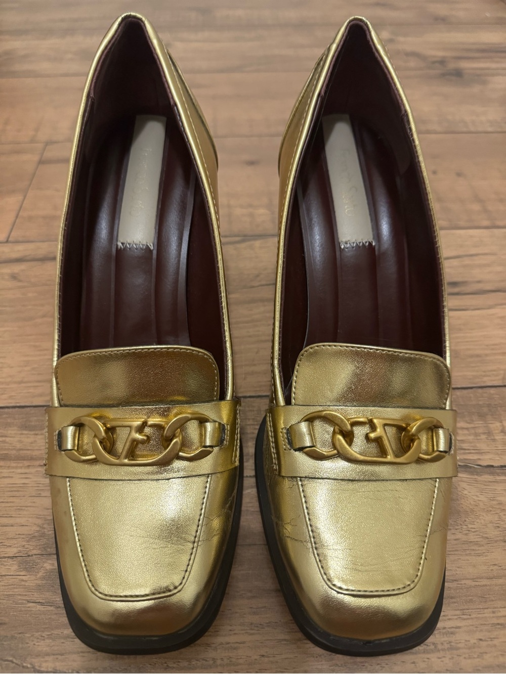 Franco Sarto Metallic Gold Chain-Trim Loafers
